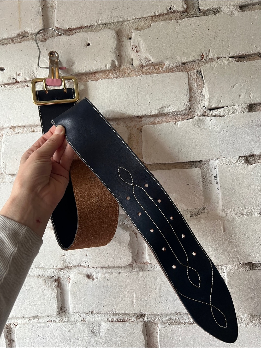 Wide dark blue / navy  Leather thick Belt with Decorative Stitching